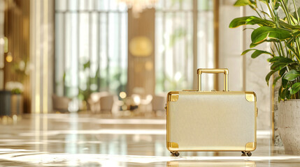 gleaming brass luggage caddy stands elegantly in luxurious hotel lobby, surrounded by ambient light and lush greenery