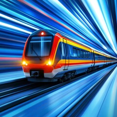 Fototapeta premium High speed train traveling through a tunnel, dynamic motion blur, blue and red color scheme.