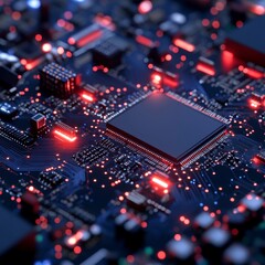 Obraz premium Close up view of a circuit board with a central processor, illuminated with red and blue lights. The image showcases intricate details and technological complexity.