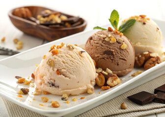 Vanilla and chocolate ice cream scoops with nuts 