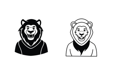 Cartoon Lion Mascot Designs Two Styles, Black and White