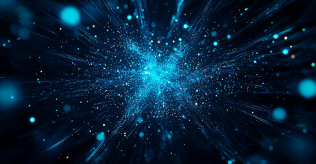 Naklejka premium Abstract blue glowing background with dynamic particles and light effects, creating sense of depth and movement. Ideal for technology and science themes