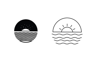 Minimalist Sunset Sunrise Ocean Icons Sea, Line Art, Design Elements