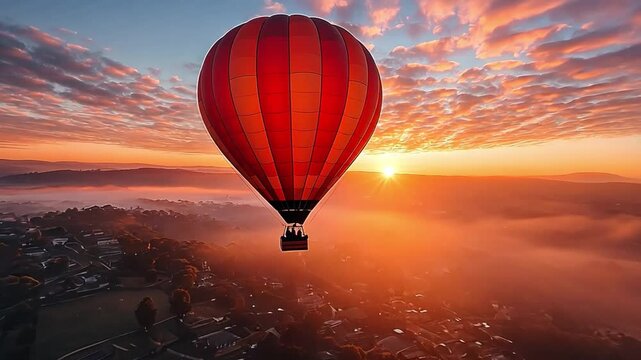 Soaring to Sunrise: A vibrant red hot air balloon floats serenely against a canvas of a spectacular sunrise, casting a warm glow on the landscape below. 