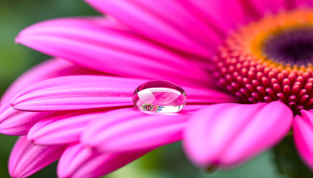 Water drop on a petal of a pink african daisy (osteopermum), panoramic nature header , with white tonespng