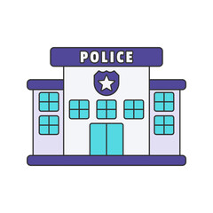 Police Station Flat design style, blue law enforcement building with a star badge, representing public security, ideal for police graphics, safety awareness, and justice system illustrations.