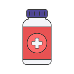 Medicine Bottle Flat design style, red and white pill container with a medical cross, symbolizing healthcare and medication, perfect for pharmacy graphics, medical awareness, and emergency kits.