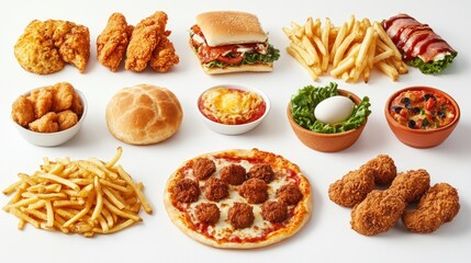 A variety of fast food items including fried chicken, sandwiches, french fries, pizza, nuggets, and sides, presented on a white background.