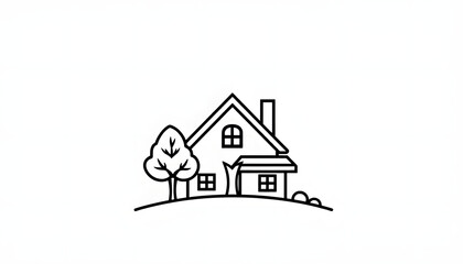 A line art icon logo of a house with a tree , with white tonespng