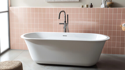 Fototapeta premium A white bathtub with a pink wall behind it