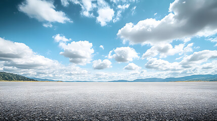 Head up shot, the middle scene is a wide cement ground with a small amount of gravel and sand on the ground, and in the distance is a vast sky with white clouds. The overall picture style is very fres