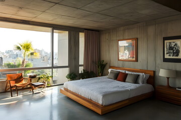 Modern Bedroom Design Spacious Natural Light Concrete Walls Plants Comfort