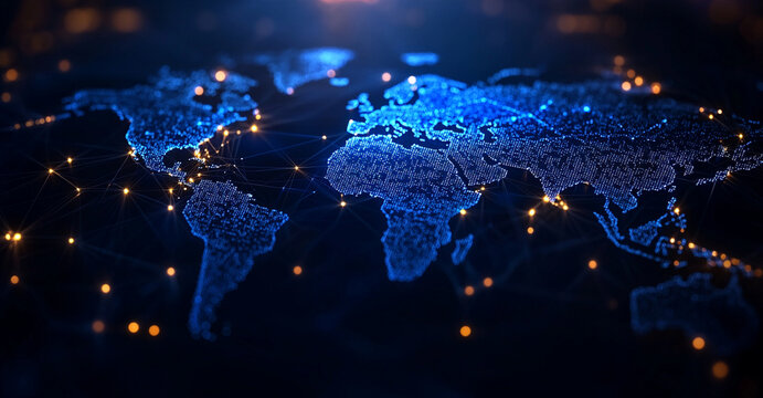 Digital world map with glowing connections and dots, representing global networking and technology
