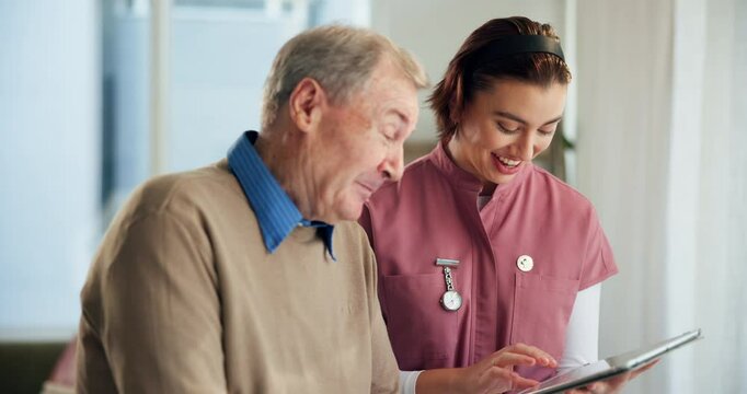 Nurse, tablet and senior man for caregiver, help or support in consultation. Tech, healthcare and happy patient in conversation for rehabilitation, medical care or test results on app in nursing home