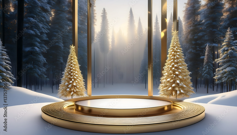 Poster a serene winter landscape featuring golden architectural elements amidst snow-covered trees and a mi