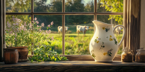 Milk jug on farmhouse windowsill with pasture view