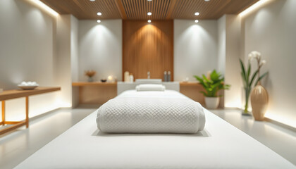 Fototapeta premium Towel on massage table in modern spa salon , with white tonespng