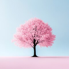 Obraz premium Pink cherry blossom tree on a pale pink and blue background. Minimalist digital art.