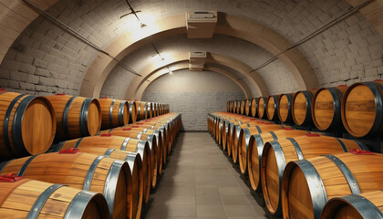 Wine wooden barrels lying in rows. Basement room of shellfish , with white tonespng