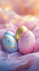 Fototapeta premium Happy Easter Sunday background, A cluster of five multi-colored Easter eggs with gold foil accents, arranged on a soft fabric surface, with a blurred background of a luxurious romantic