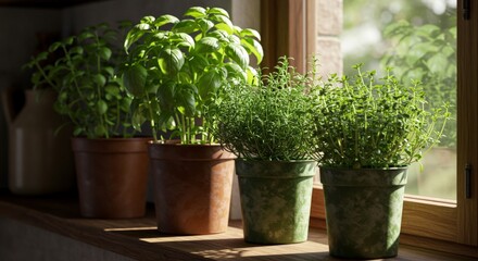 Fototapeta premium Sunlit Herb Garden Windowsill
