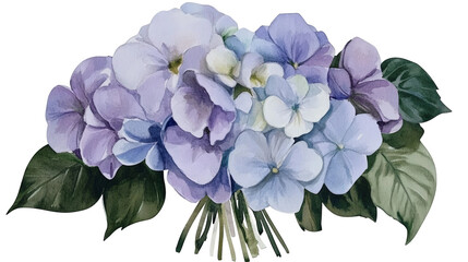 Fototapeta premium Beautiful watercolor bouquet of delicate purple and blue flowers with lush green leaves, perfect for floral design and decoration inspiration