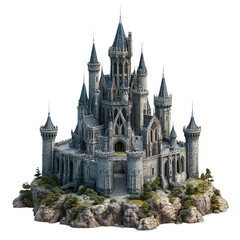 Obraz premium A majestic, ancient stone castle perched atop a rocky island, its many towers reaching for the sky, a timeless symbol of power and grandeur, rendered in sharp detail against a stark white background.