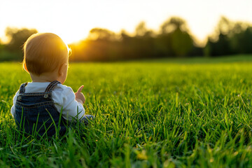baby girl sitting on green grass, enjoying sunset in serene outdoor setting. warm sunlight creates peaceful atmosphere, highlighting her joyful expression