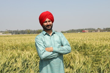 Punjabi sikh farmer standing at wheat agriculture field. Young punjab man, People of India,