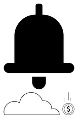 Large notification bell above a cloud and a falling coin with a dollar sign. Ideal for reminders, notifications, alerts, savings, income, finance, digital systems. Minimalist flat simple metaphor