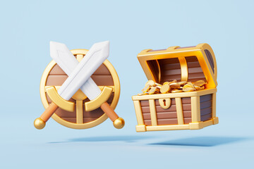 3d rendering cartoon chest and treasure in blue background