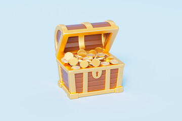 3d rendering cartoon chest and treasure in blue background
