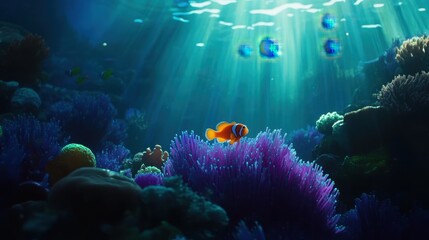 Obraz premium Vibrant Underwater Scene with Clownfish and Colorful Coral Reef