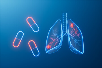 3d rendering medical lungs and capsule in blue background