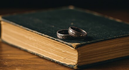 Antique Wedding Rings Resting on Vintage Book