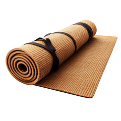 A long, brown and tan carpet rolled up on a white background