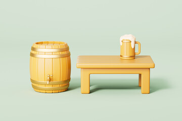 3d rendering barrel and wine in green backgroud