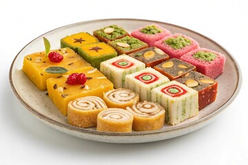 Mix burfi or barfi in a plate isolated on a transparent background
