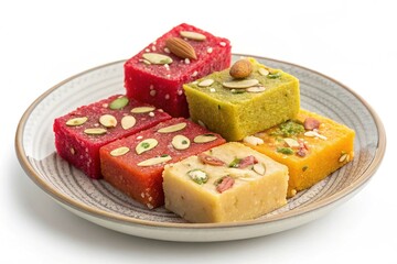 Mix burfi or barfi in a plate isolated on a transparent background