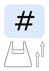 Obraz premium metadata tag symbol over a shopping bag with upward arrows indicating rising trends and online engagement. Ideal for social media, marketing, e-commerce, branding, digital growth, retail, trends
