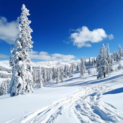 Snow covered landscape with pine trees under a bright blue sky. Ski tracks in the pristine snow lead into the background.