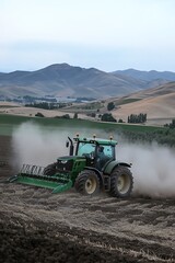 Obraz premium Tractor Plowing Field, Mountain View