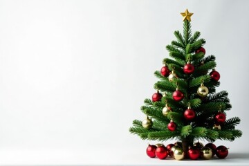 Evergreen Christmas fir tree with ornaments and lights on white background, peaceful ambiance, merry atmosphere, holiday decor