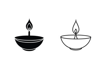 Diwali Deepavali Festival Lights Icons Black, White, Oil Lamp
