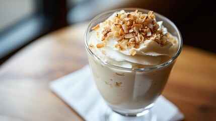 A creamy coconut mousse in a glass cup, topped with toasted coconut flakes and a small coconut piece
