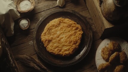 A crispy chicken fried steak sitting on a rustic wooden table with fresh ingredients.