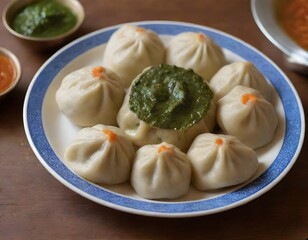 Steamed Momos with Spicy Green Chutney