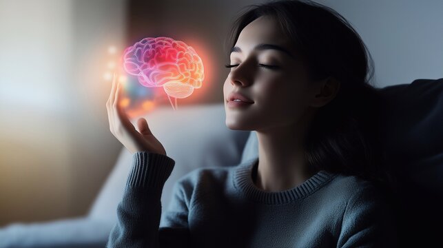 A young woman with closed eyes holds a glowing holographic brain, symbolizing mental health, meditation, and balance. The soft lighting enhances the calm and introspective mood. - Powered by Adobe