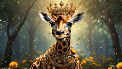 An ornate golden scepter topped with a blue and white striped cone and a small crown,