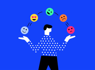 Man juggling various emotions together illustration